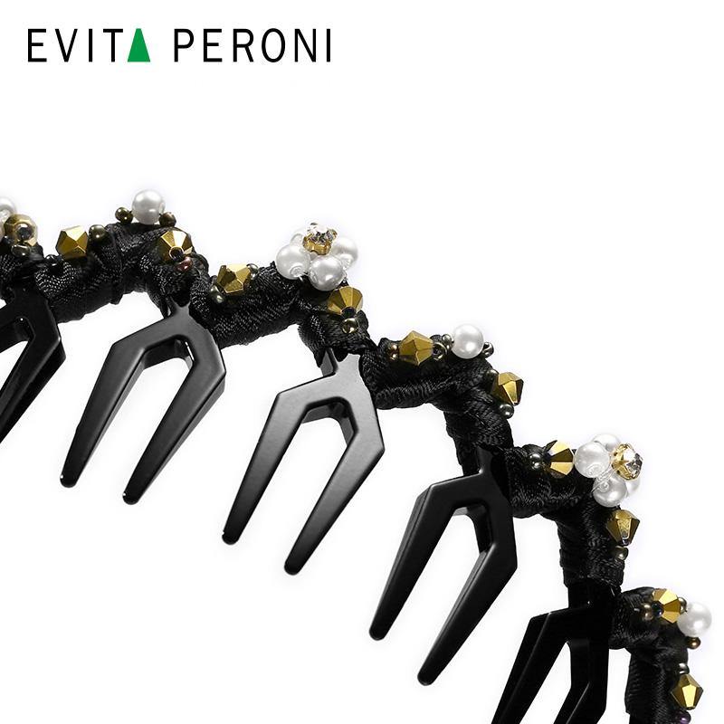 Black hair comb decorated with gold beads and white pearls, elegant hair accessory