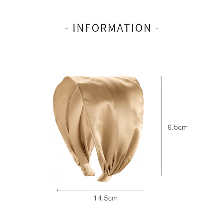 Champagne gold satin wide headband with knot detail, shown with measurements 14.5cm by 9.5cm.